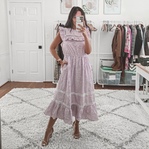 J. Crew Dresses & Skirts - J.Crew Lavender Stripe Ruffle Tiered Midi Dress Size S